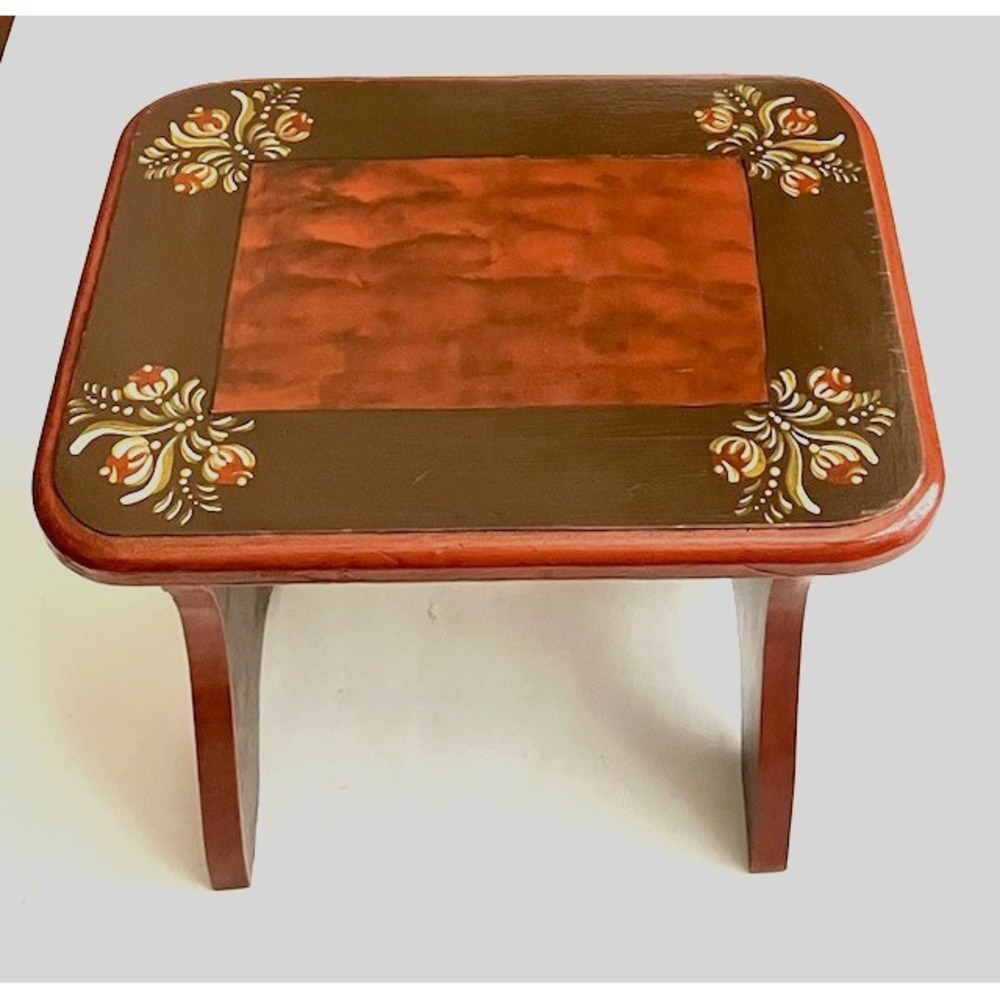 Vintage Hand Painted Folk Art Wooden Foot Stool Singed Bernelle 1980